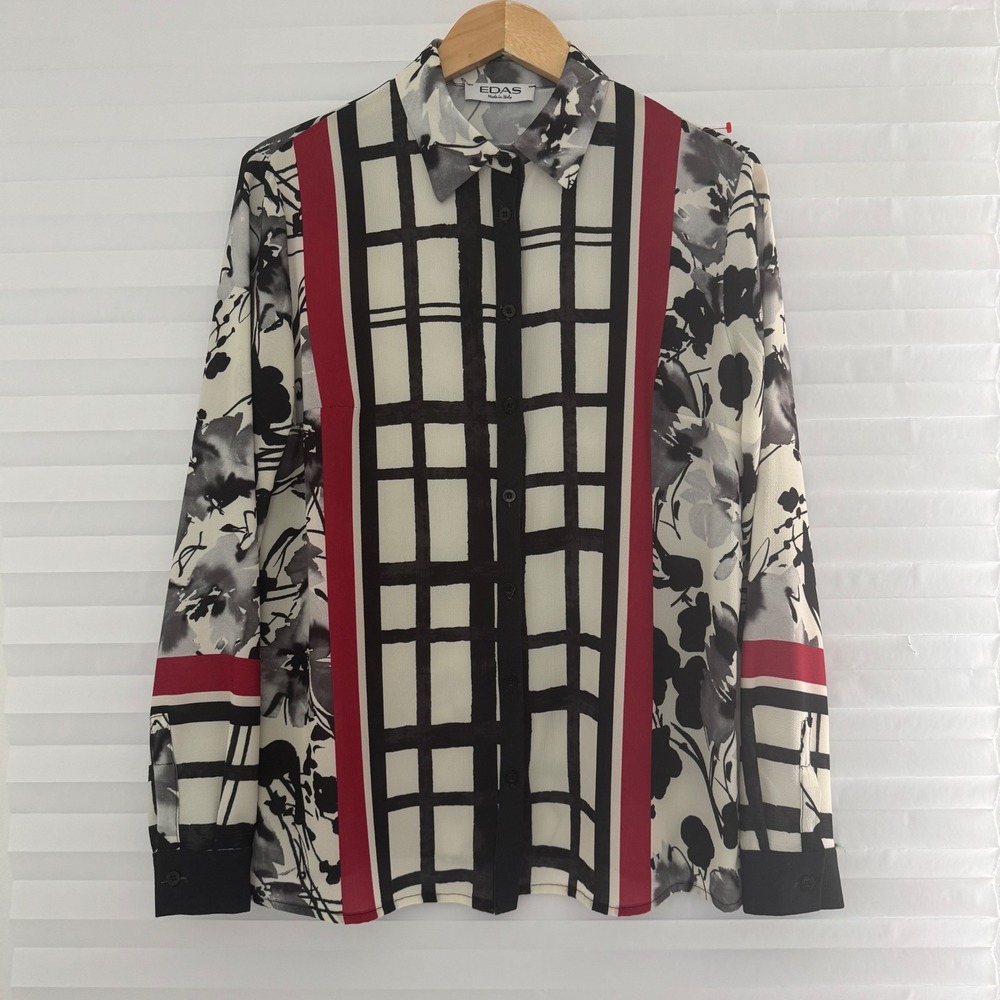 EDAS Italy‎ Womens Floral Grid Mixed Print Button Down Blouse Top Chic Retro